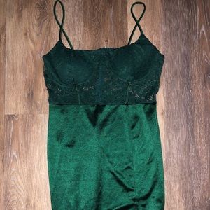 Green silk dress with slit down the side